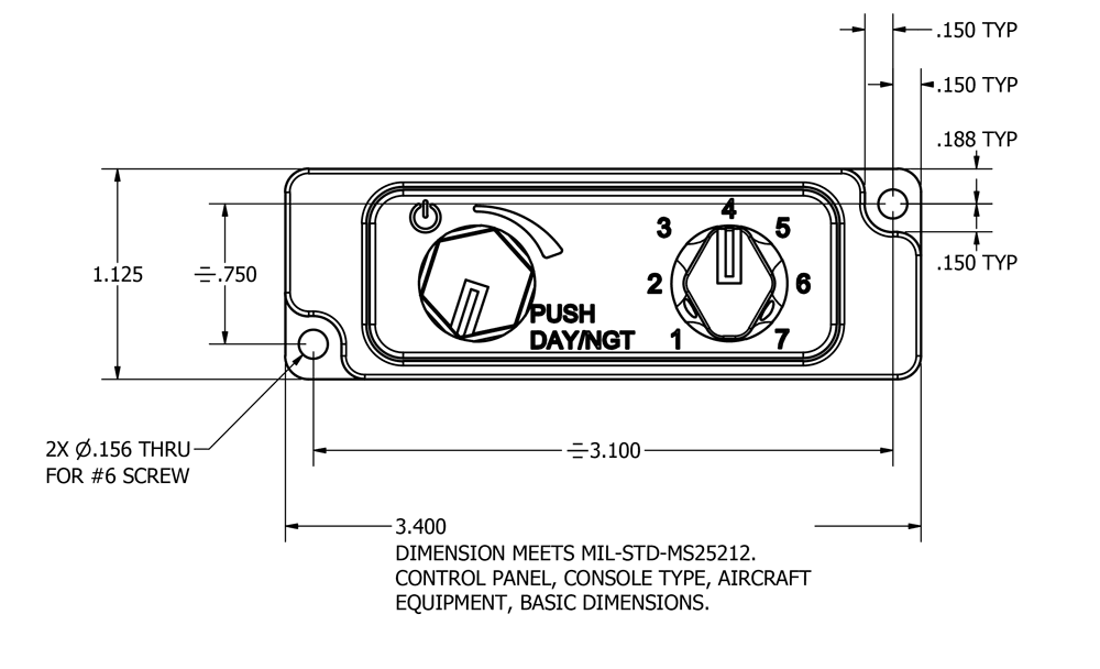 Dimensioned outline of the MB-KN204 dual-knob control panel: 3.400 inches long by 1.125 inches high, with two 0.156-inch through-holes for #6 screws on a 3.100-inch centre spacing