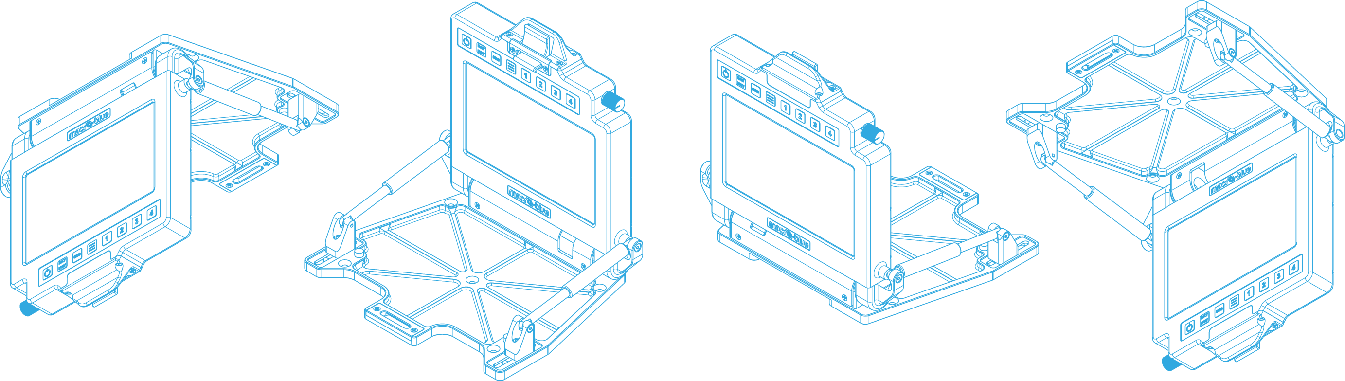 Four landscape mounting configurations for the stowable display — display facing outward or inward, each in flip-down and flip-up orientation