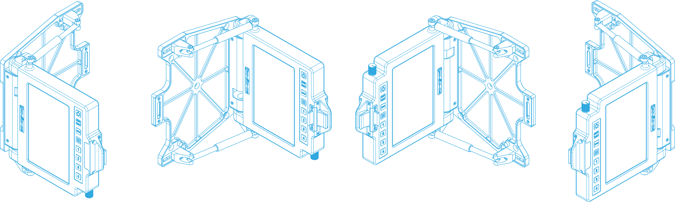 Four portrait mounting configurations for the stowable display — display facing outward or inward, each in right- and left-side mount orientation